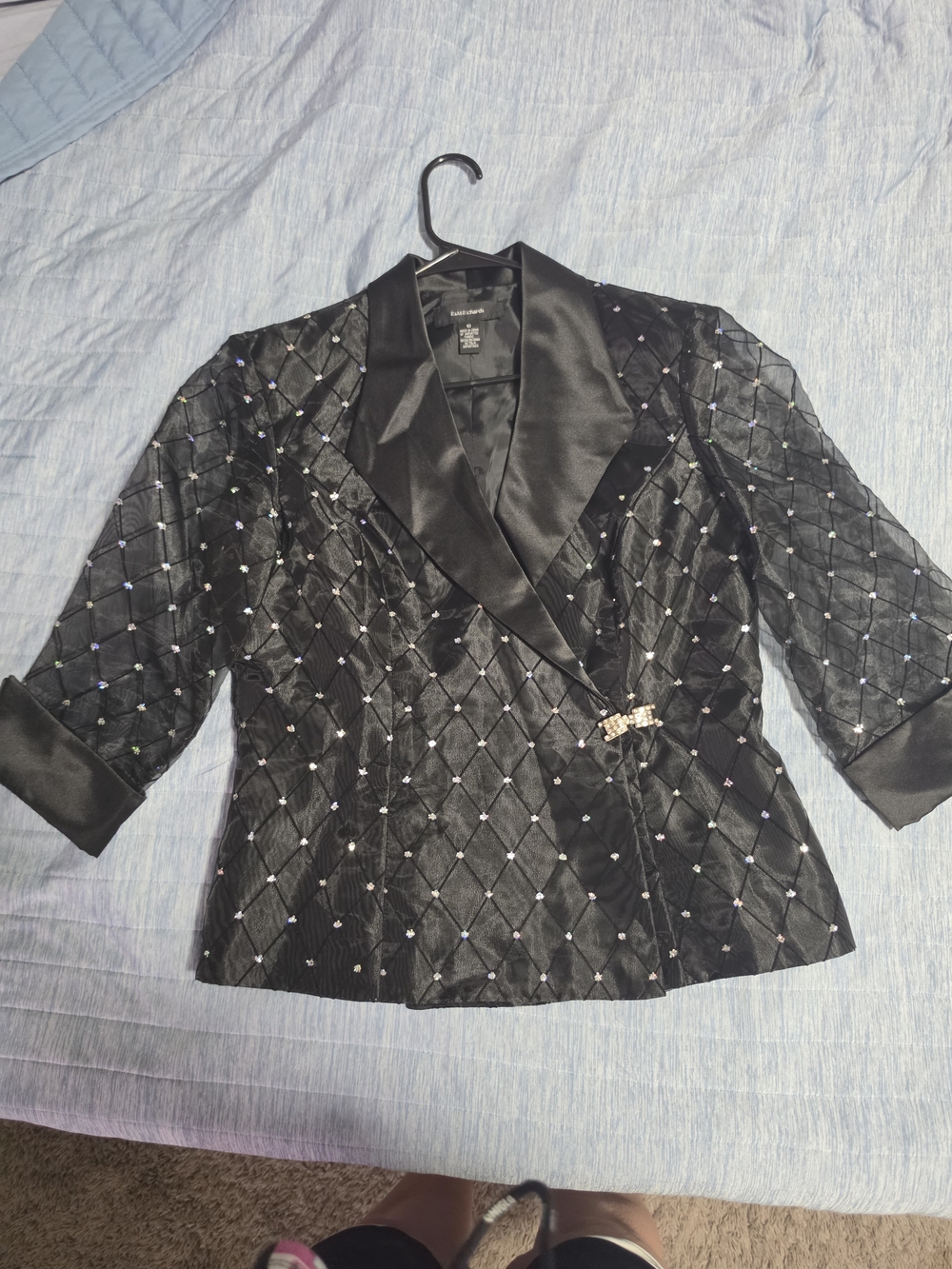 R&M Richards Black Satin-Trim Quilted Blazer with Crystal Accents